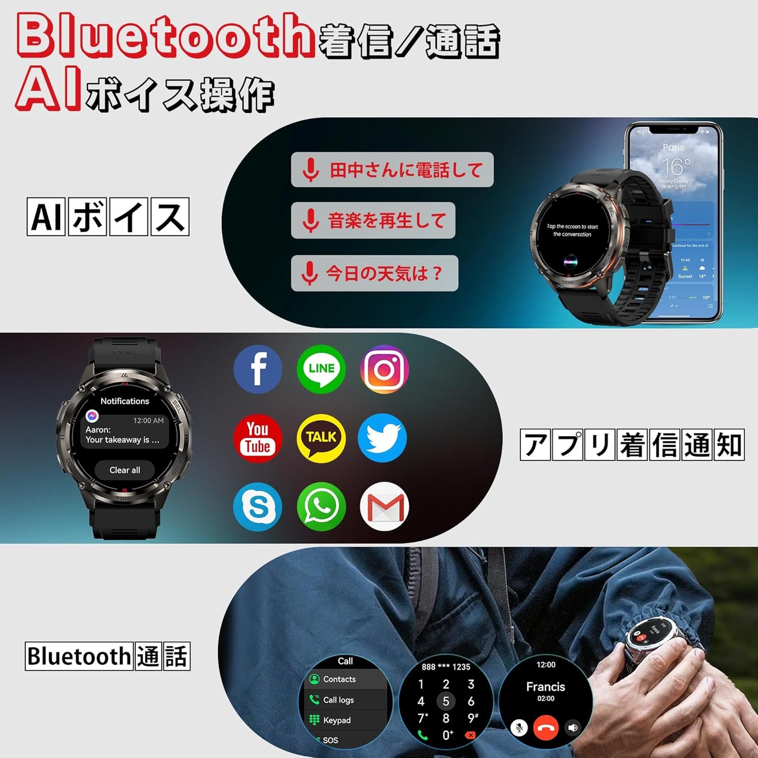 KOSPET Tank T3 Ultra 2 スマートウォッチ メンズ GPSスマートウォッチ Bluetooth通話機能 470mAhバッテリー 5ATM&IP6K防水 フルステンレスボディ 軍用仕様 1.43インチAMOLED - 이미지 4