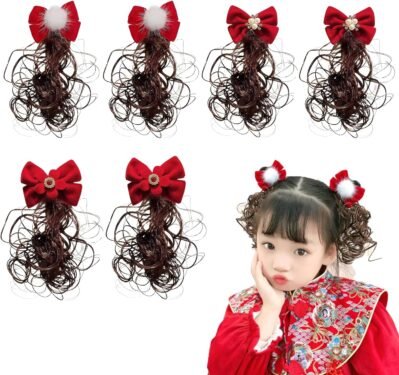 Doyime ウィッグ ヘアクリップ レッドリボン おだんご (6個セット) 髪飾り 子供用 ヘアエクステ リボン 子供用 ヘアエクステ ポニーテール 中国製 コスプレ 子供用ヘアアクセサリー ふわふわ 軽い 小さい