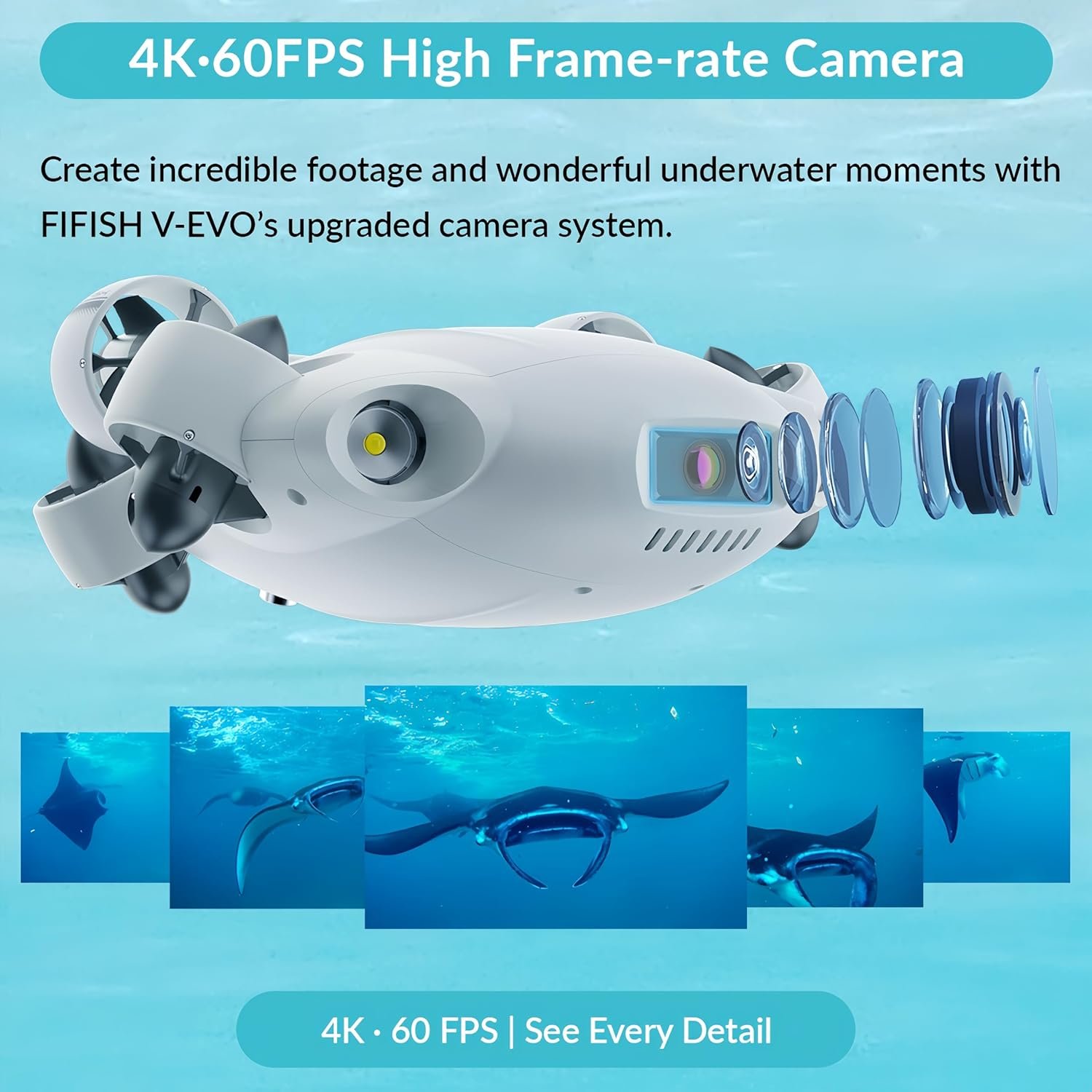 CAMOLECH FIFISH V-EVO 4K水中ドローン ロボットアーム付き AIビジョンロック 360°全方位移動 100m水中潜水ROV (ロボットアーム追加) - 이미지 3