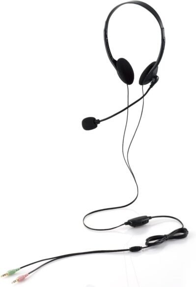 エレコム ヘッドセット オーバーヘッド マイク付き 3極 3.5mm接続 ミュート機能 音量調整 フレキシブルアーム 軽量 小型 両耳 1.8m ブラック 幅5.2×奥行き HS-HP01SBK