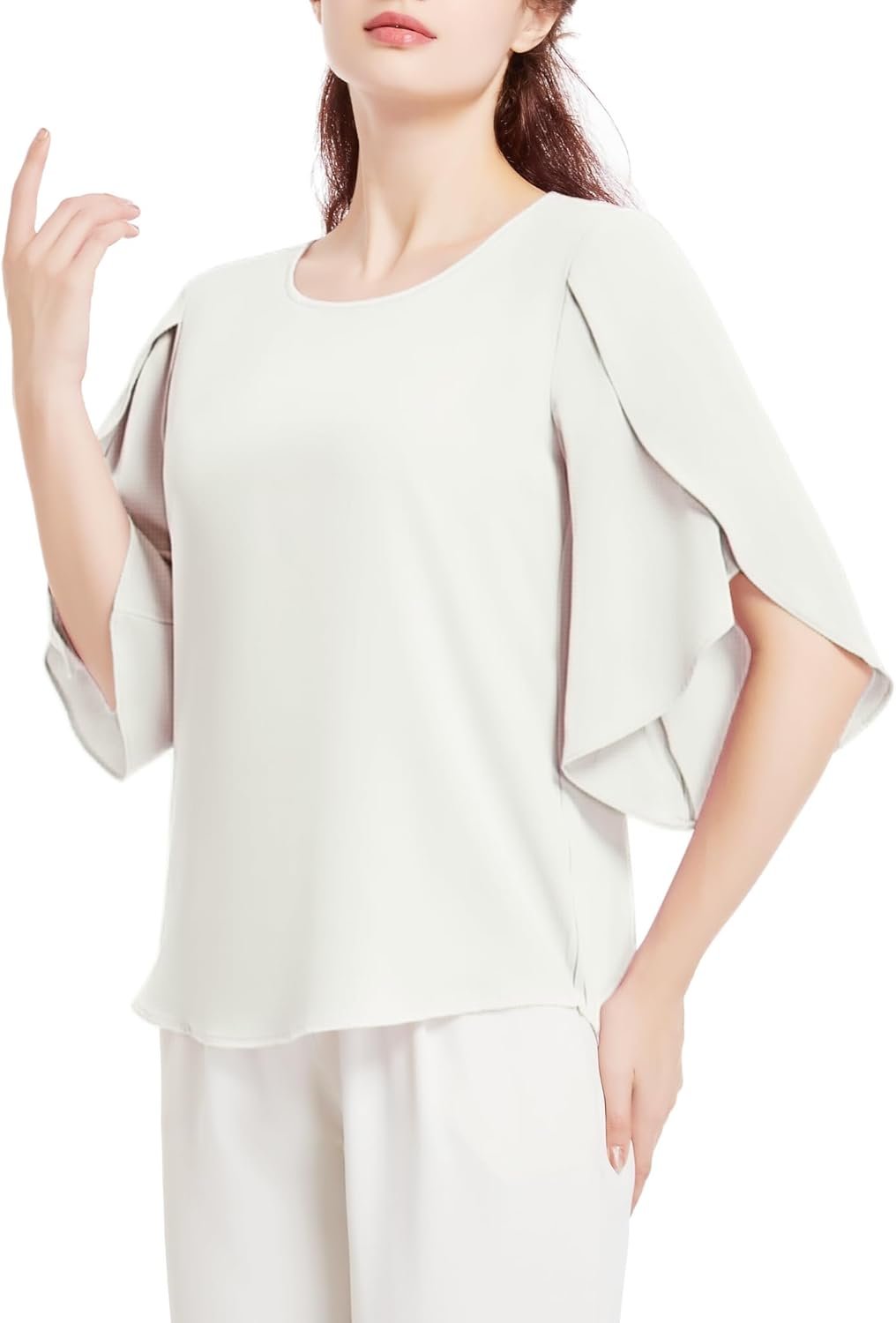 SPRING SEAON レディース ブラウス シャツ 夏 七分袖 プルオーバー フリル袖 ふわふわ かっこいい 大人可愛い ゆったり 上品 通気性 オフィスカジュアル 通勤 大きいサイズ S~4L - 이미지 2