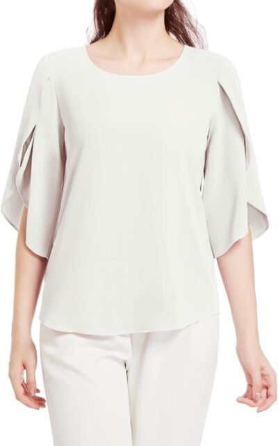 SPRING SEAON レディース ブラウス シャツ 夏 七分袖 プルオーバー フリル袖 ふわふわ かっこいい 大人可愛い ゆったり 上品 通気性 オフィスカジュアル 通勤 大きいサイズ S～4L