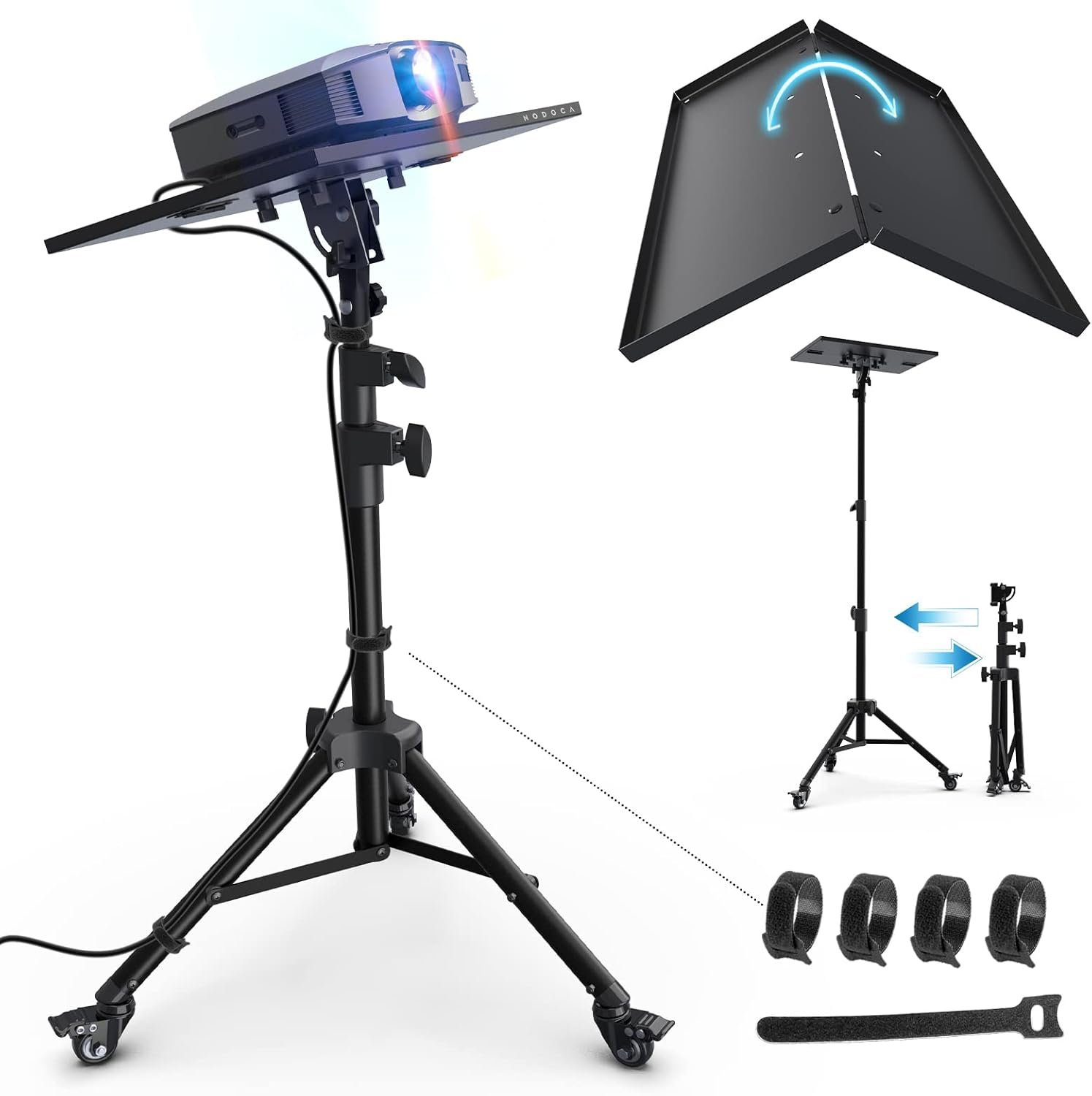 NODOCA プロジェクタースタンド 三脚式 キャスター付き 折りたたみ棚 収納便利 90°角度調整 75cm~170cm 3段階高さ調整機能 オフィス 家庭用