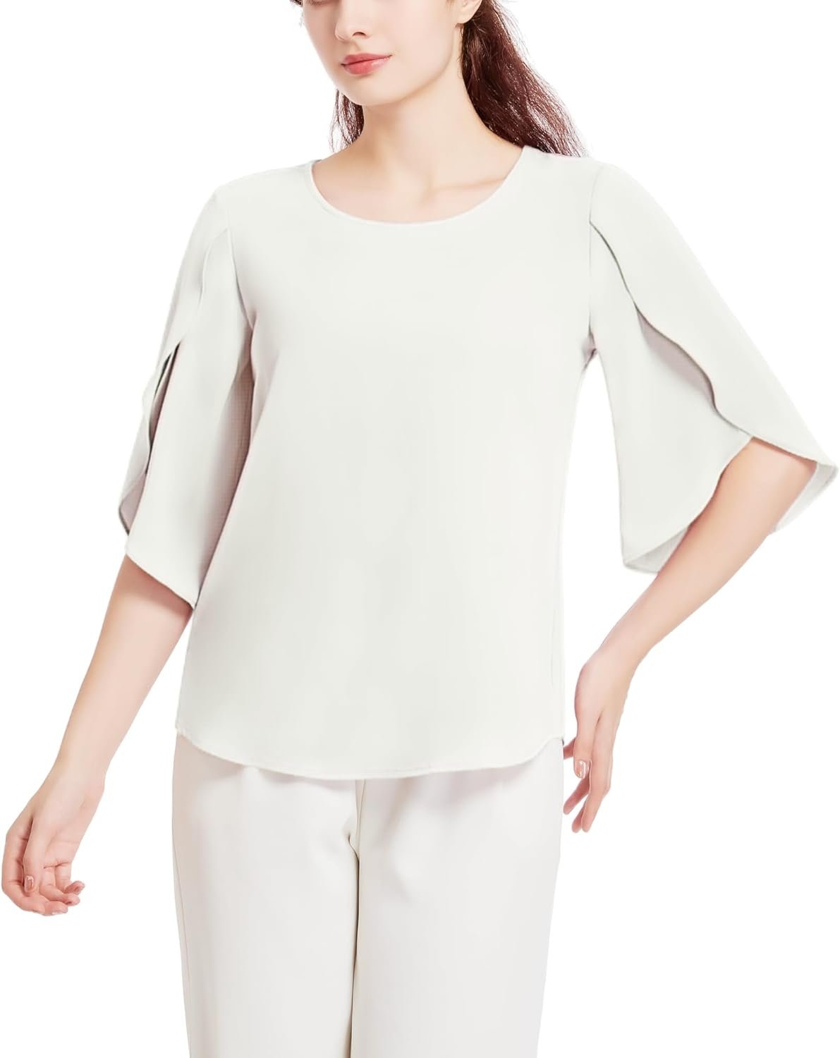 SPRING SEAON レディース ブラウス シャツ 夏 七分袖 プルオーバー フリル袖 ふわふわ かっこいい 大人可愛い ゆったり 上品 通気性 オフィスカジュアル 通勤 大きいサイズ S~4L - 이미지 3