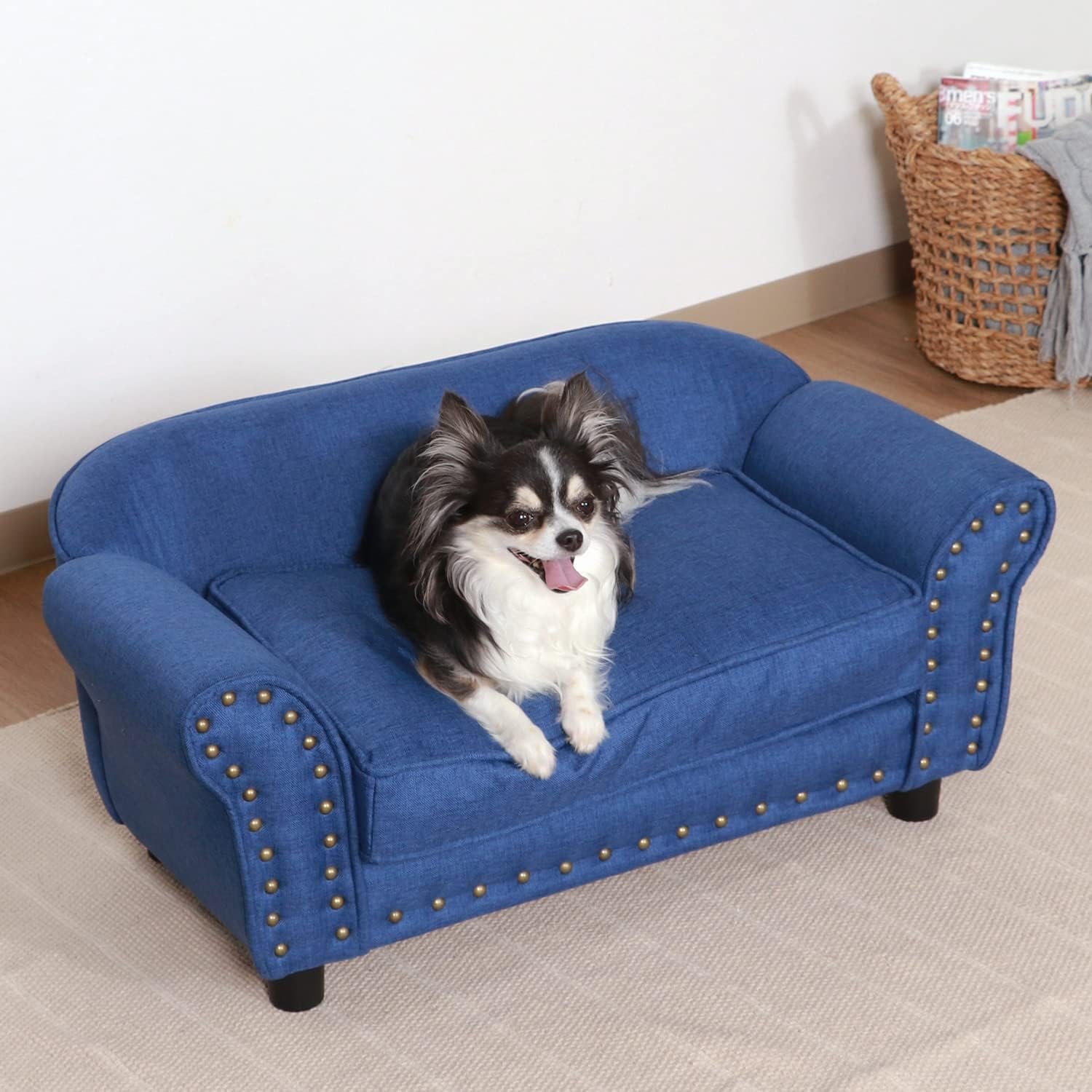 不二貿易 ペットベッド ペットソファ 幅74×奥行41×高さ32.5cm ブルー生地 チェスターフィールド風 小型犬猫用 Mサイズ 45232 - 이미지 4