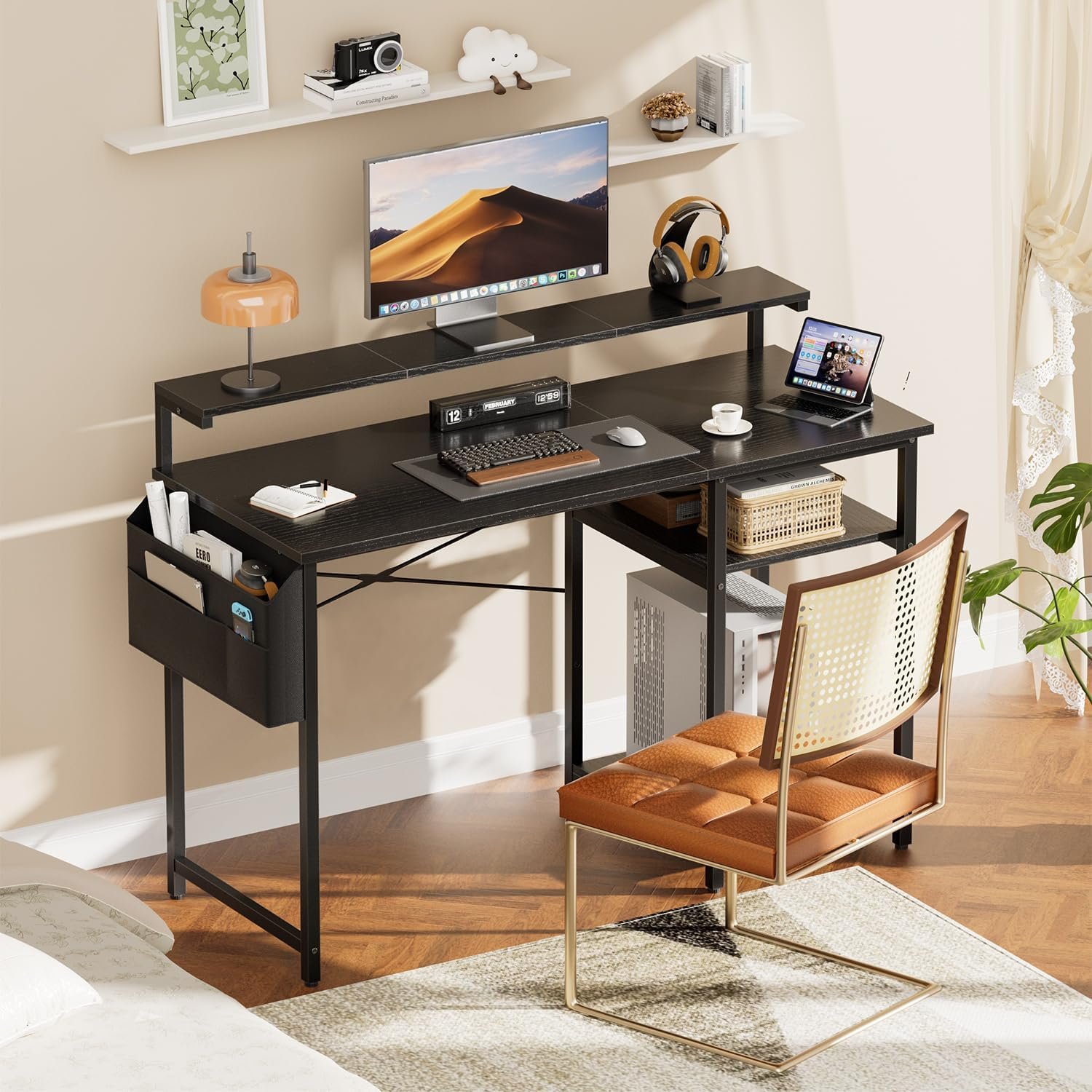 HLFURNITURE パソコンデス LEDライト付き 100*48*74cm モニタースタンドと収納袋付き ゲーミングデスク PCデスク 棚 高さ調節可能 学習机 リモートデスク - 이미지 2