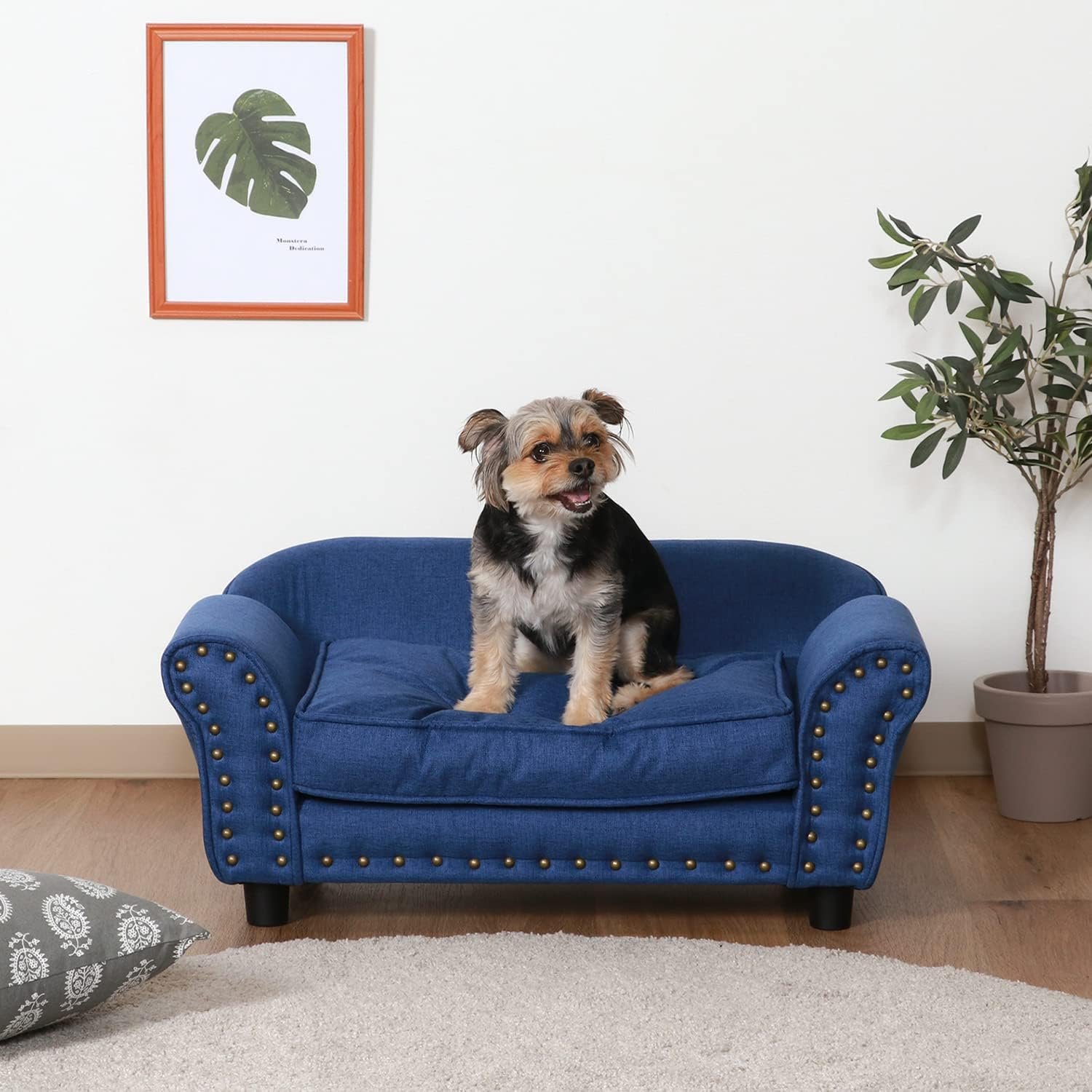 不二貿易 ペットベッド ペットソファ 幅74×奥行41×高さ32.5cm ブルー生地 チェスターフィールド風 小型犬猫用 Mサイズ 45232 - 이미지 2