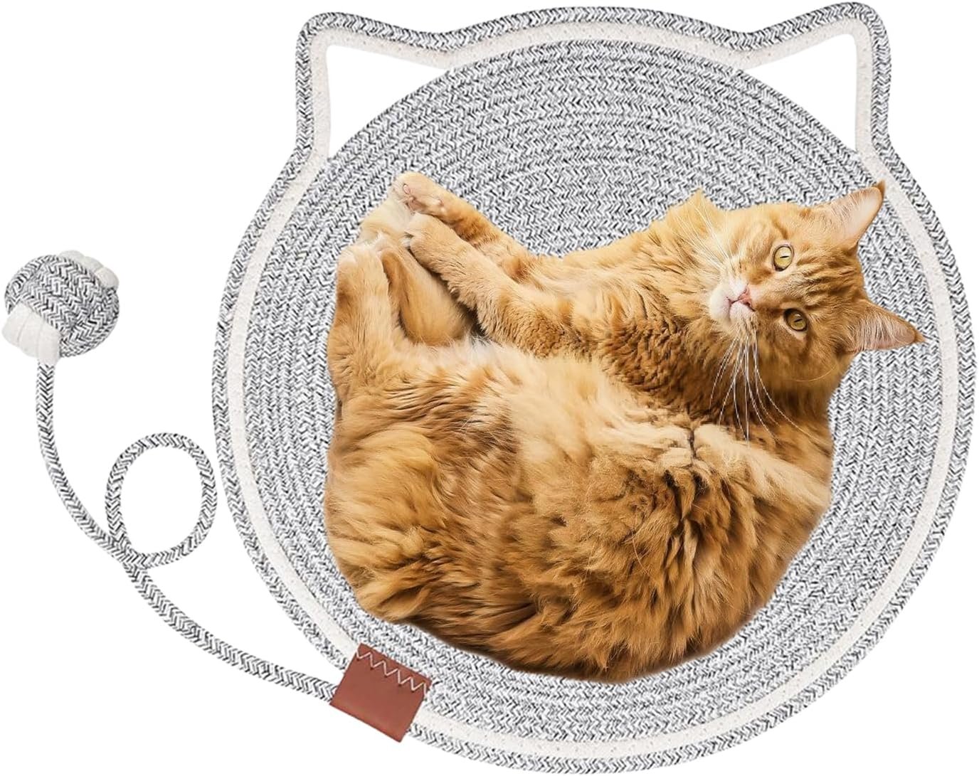 猫用スクラッチマット ラウンド型 水平設置おもちゃ付き爪とぎ | 耳フック付きキャットベッド家具保護フロアマット - 室内リビング寝室ソファカーペット隅壁ドア周りドア用 - 이미지 8