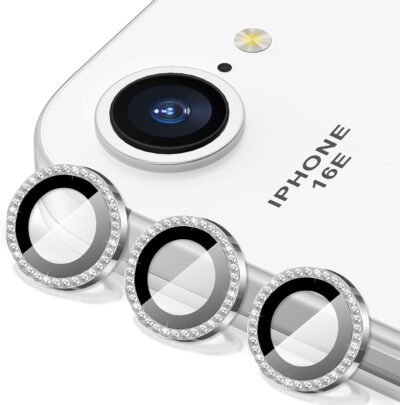 Suoman iPhone 16E 用カメラレンズ保護カバー iPhone 16E カメラレンズ保護フィルム グリッタースパンコール付き 9H 強化されたカメラレンズフィルム iPhone 16E 用 – シルバー