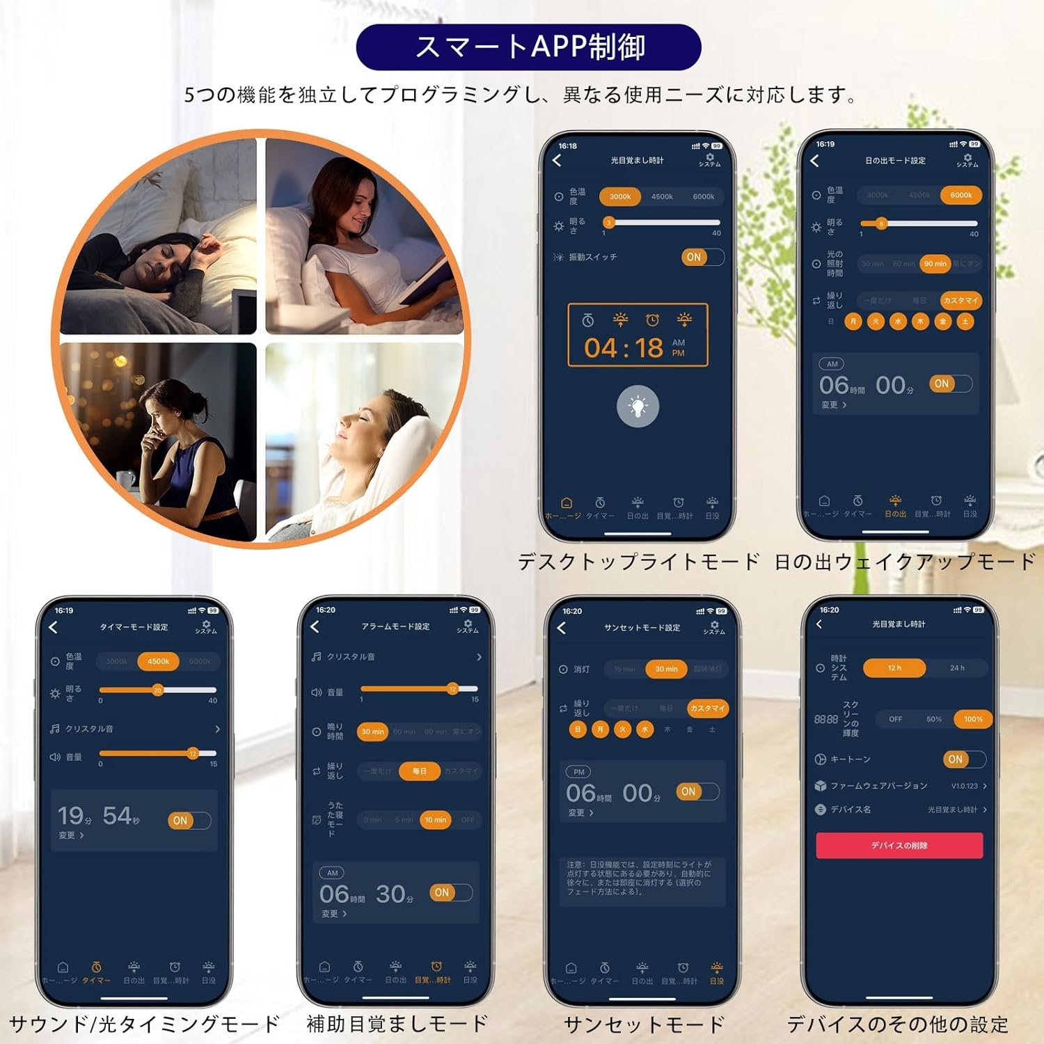 インテリジェント制御光療法、月光ランプ、UVフリー、ハッピームード、ランプ、3色調整可能、自然な周囲ホワイトノイズ内蔵日の出/日没時間ランプ、リビング用ベッドサイドランプに最適 - 이미지 2