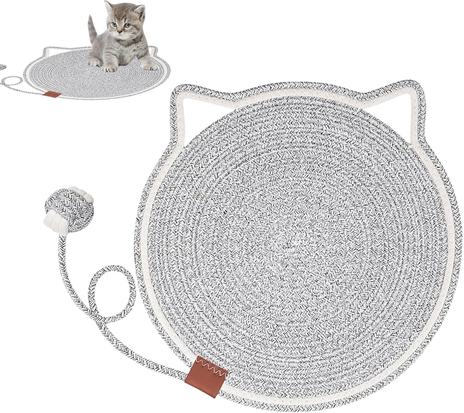 猫用スクラッチマット ラウンド型 水平設置おもちゃ付き爪とぎ | 耳フック付きキャットベッド家具保護フロアマット - 室内リビング寝室ソファカーペット隅壁ドア周りドア用 - 이미지 2