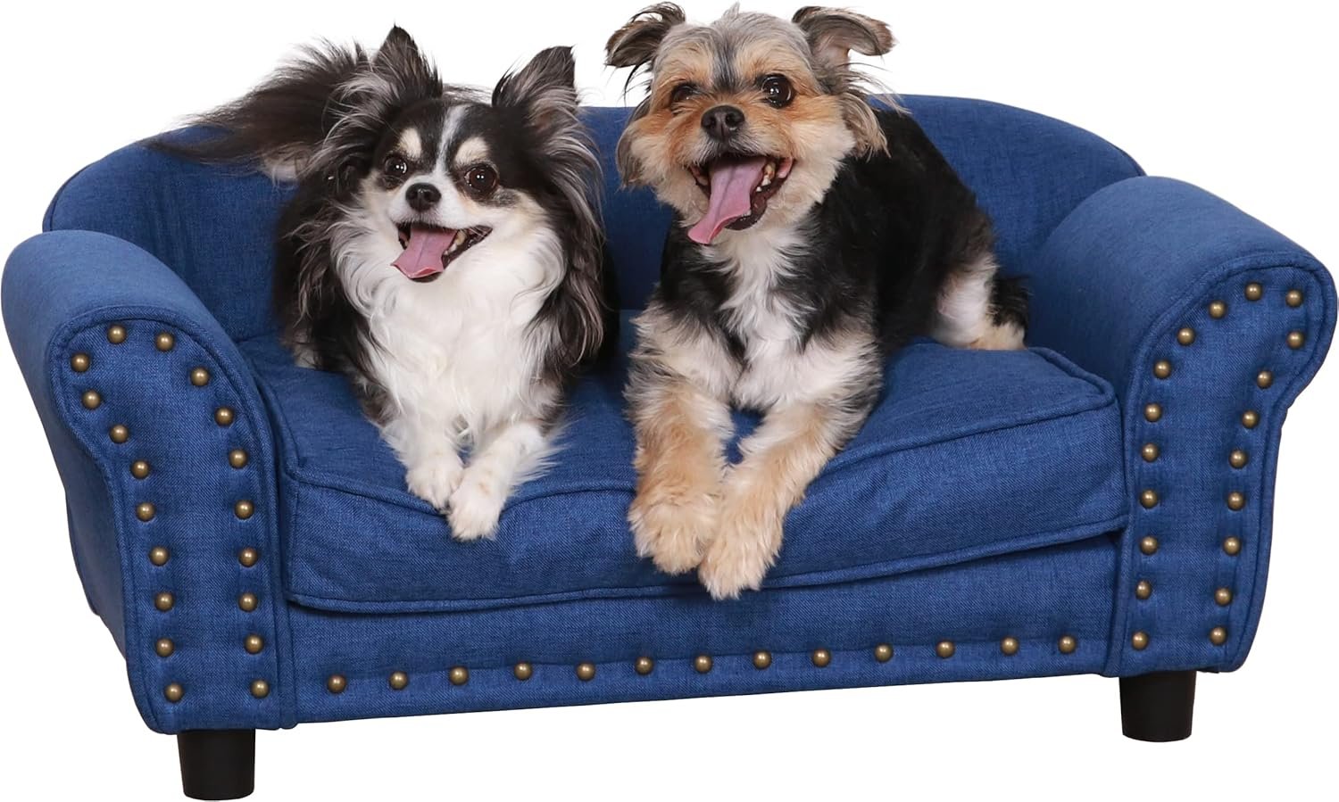 不二貿易 ペットベッド ペットソファ 幅74×奥行41×高さ32.5cm ブルー生地 チェスターフィールド風 小型犬猫用 Mサイズ 45232