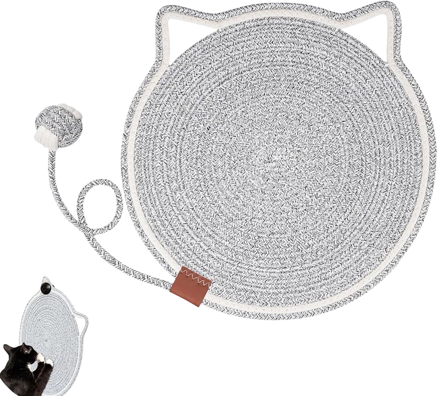 猫用スクラッチマット ラウンド型 水平設置おもちゃ付き爪とぎ | 耳フック付きキャットベッド家具保護フロアマット - 室内リビング寝室ソファカーペット隅壁ドア周りドア用