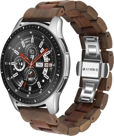 木製時計バンド 22mm Samsung Galaxy Watch 3 45mm、46mm 木製ステンレススチール時計バンド、クイックリリースストラップ、Gear S3 用交換ブレスレットリストバンド (ウォルナットとレッド 22mm)、22mm、ステンレス