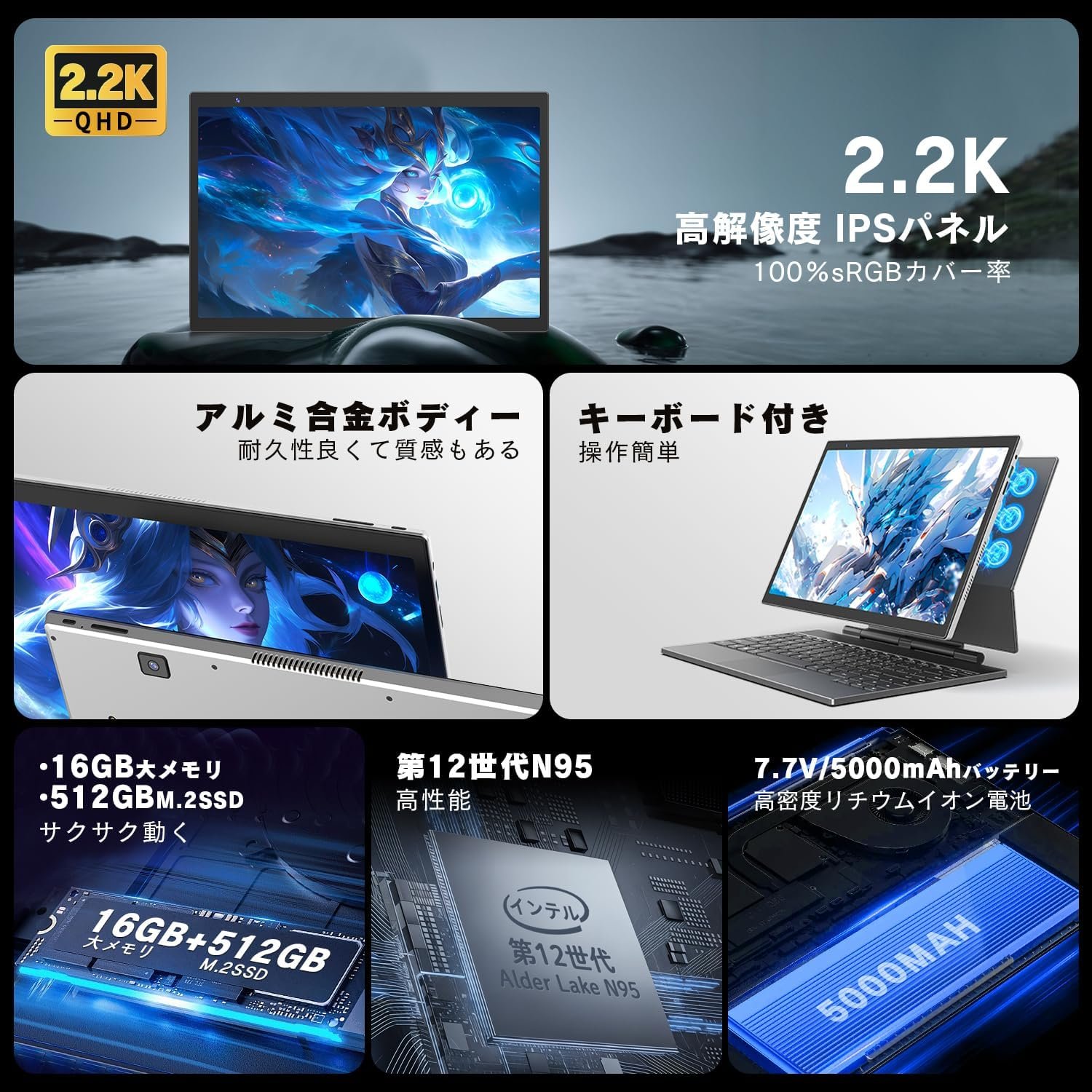 2 in 1 ノートパソコン MS office 2019 14 タブレットPC Windows11pro ノートパソコン 高性能 第12世代 Celeron N95 2.2K16:10 IPSパネル 2.4GHz/5Ghz WiFi対応 Bluetooth対応 内蔵 - 이미지 2