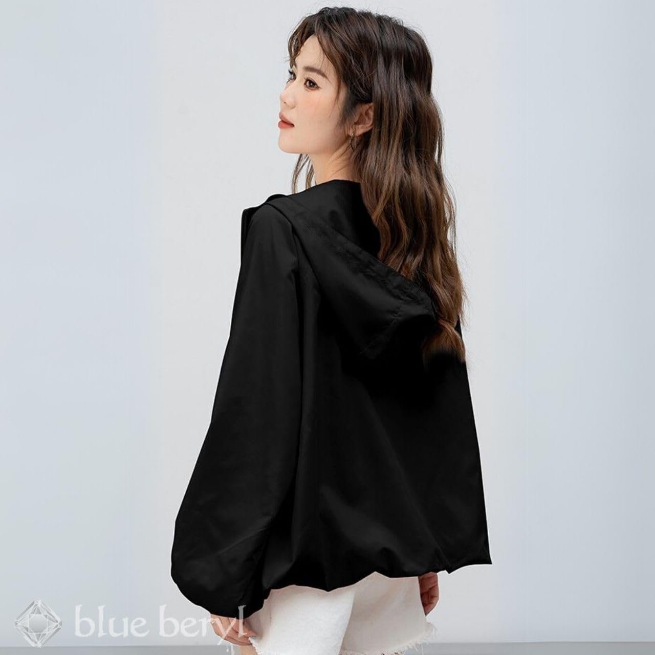 Blue beryl BB074 Women's Zip-up Blouson with Hood, Lightweight, Outerwear, UV Protection, Puff Sleeve, Stand Collar, Loose Fit, Lined - 이미지 4