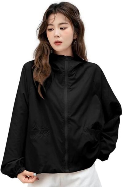 Blue beryl BB074 Women's Zip-up Blouson with Hood, Lightweight, Outerwear, UV Protection, Puff Sleeve, Stand Collar, Loose Fit, Lined