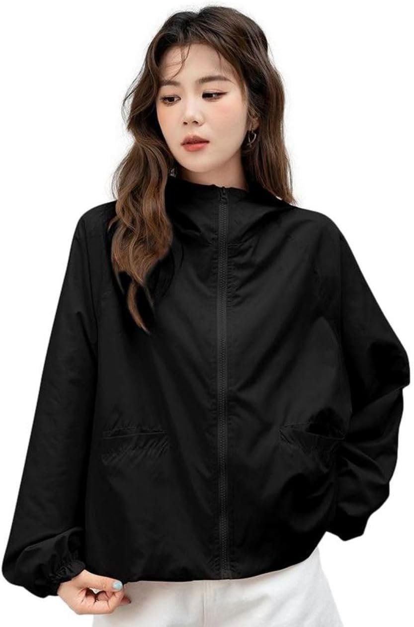 Blue beryl BB074 Women's Zip-up Blouson with Hood, Lightweight, Outerwear, UV Protection, Puff Sleeve, Stand Collar, Loose Fit, Lined