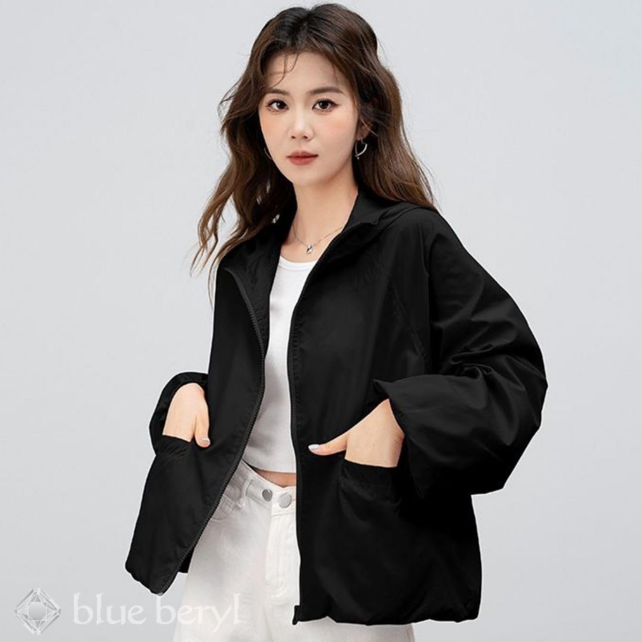 Blue beryl BB074 Women's Zip-up Blouson with Hood, Lightweight, Outerwear, UV Protection, Puff Sleeve, Stand Collar, Loose Fit, Lined - 이미지 3
