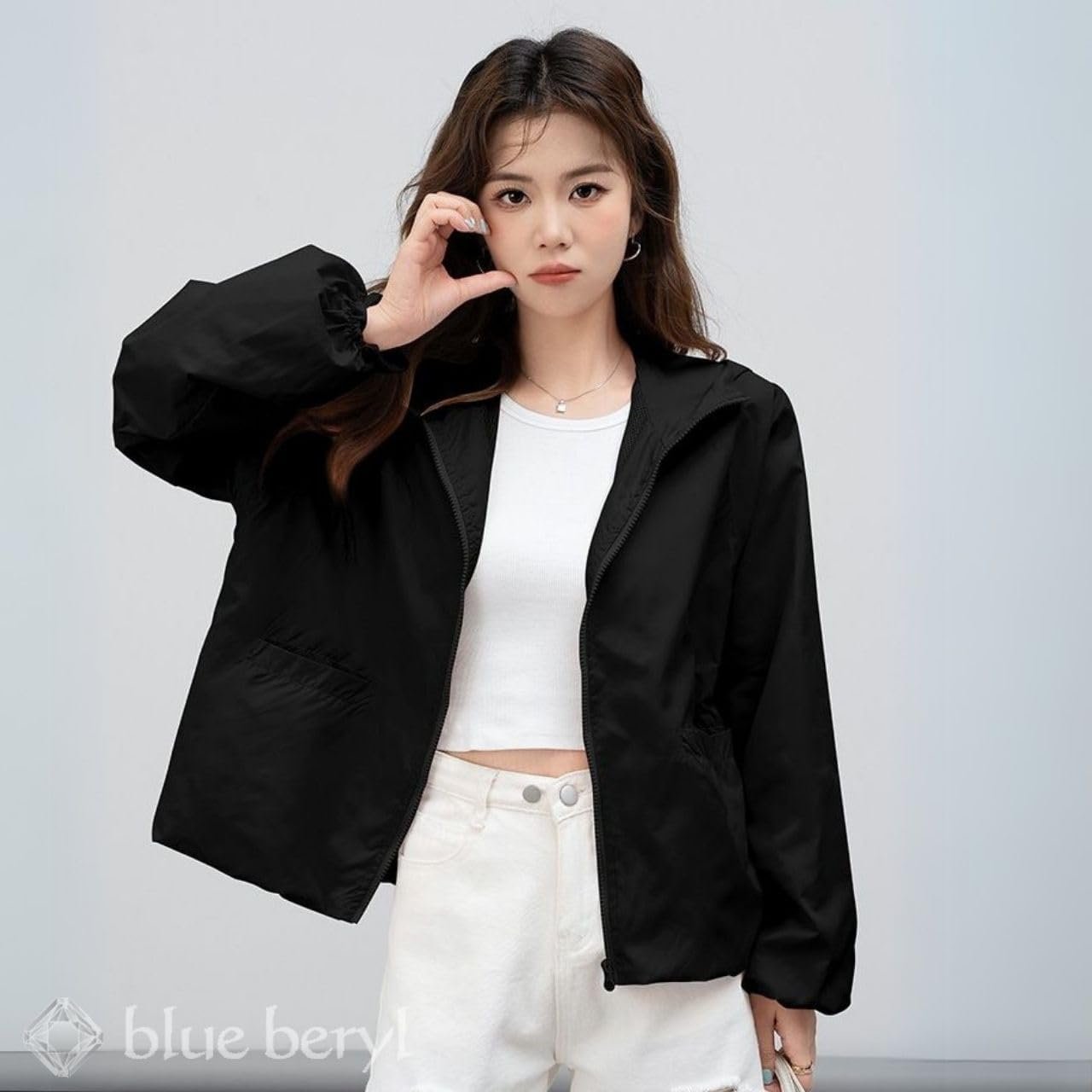 Blue beryl BB074 Women's Zip-up Blouson with Hood, Lightweight, Outerwear, UV Protection, Puff Sleeve, Stand Collar, Loose Fit, Lined - 이미지 2