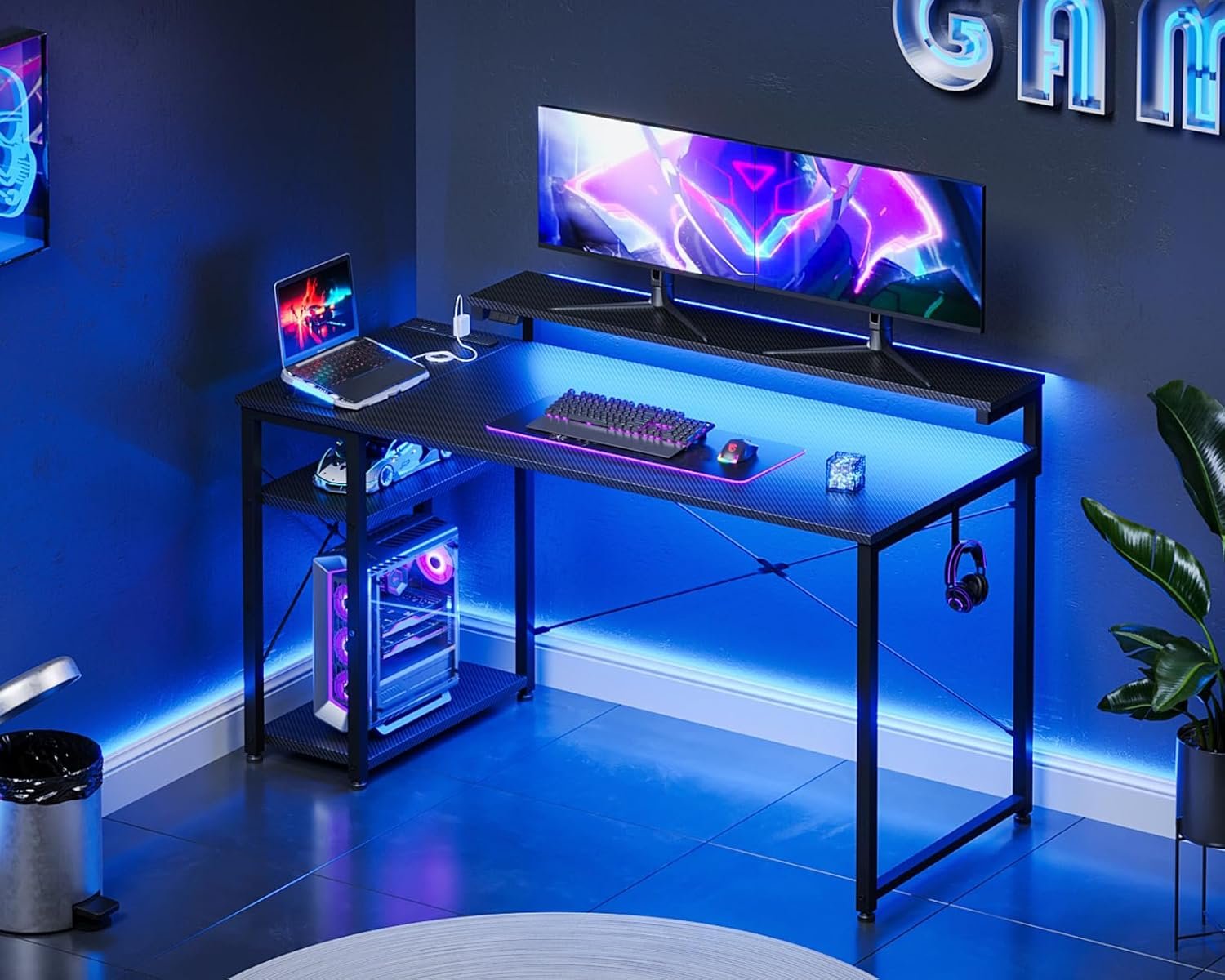 AODK Gaming Desk, Computer Desk, With Rack & Outlet, Width 47.2 inches (120 cm), Desktop PC Desk, Gaming Desk, With Monitor Stand & LED Light, Left & Right Interchangeable Compatible, Carbon Style - 이미지 2