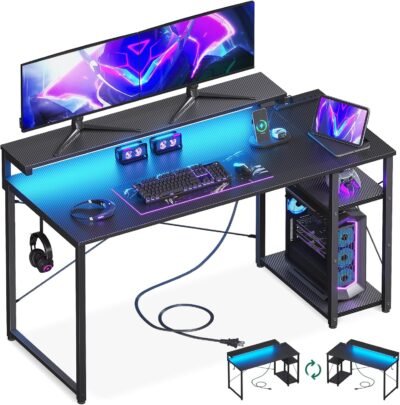 AODK Gaming Desk, Computer Desk, With Rack & Outlet, Width 47.2 inches (120 cm), Desktop PC Desk, Gaming Desk, With Monitor Stand & LED Light, Left & Right Interchangeable Compatible, Carbon Style