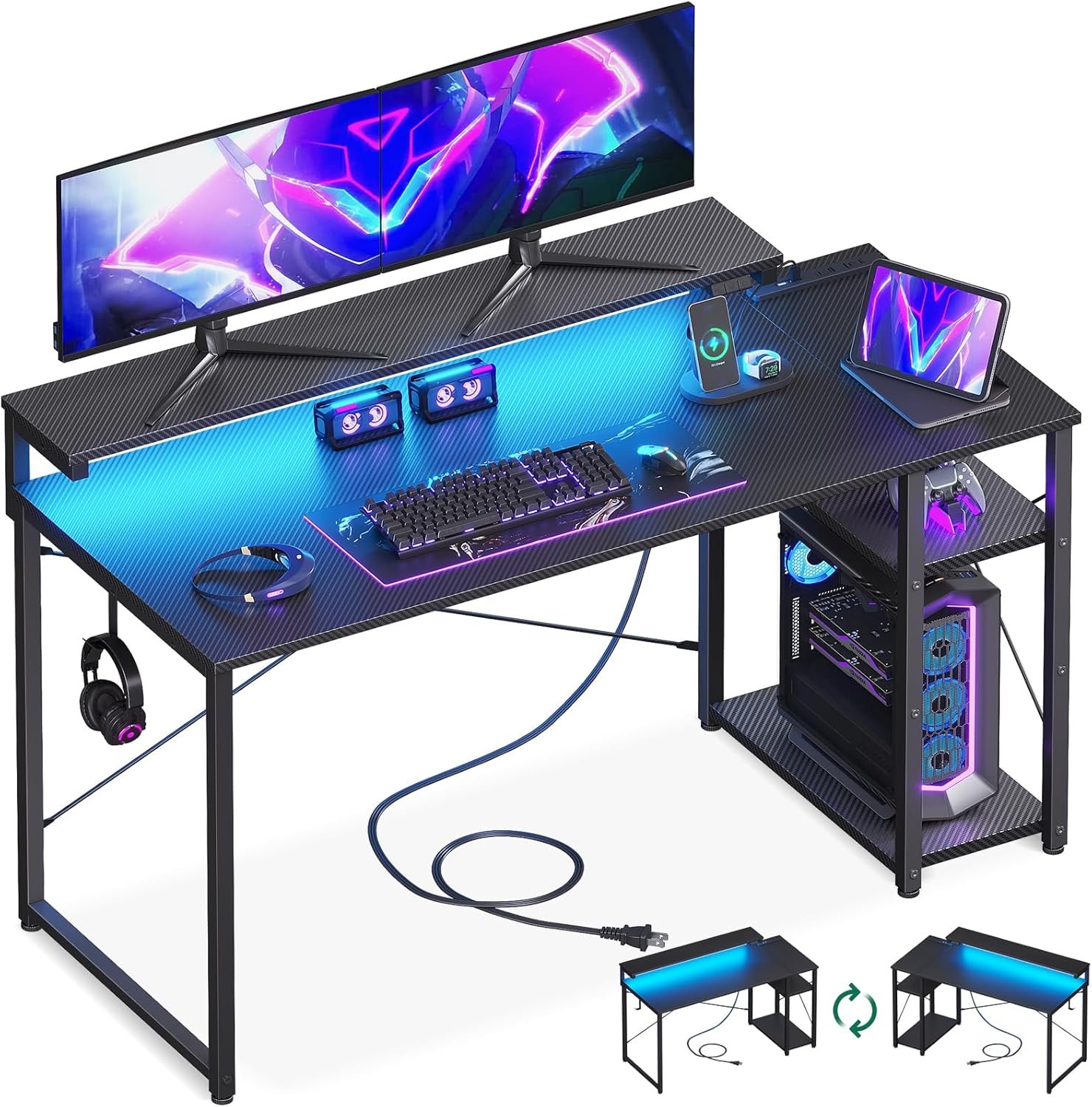 AODK Gaming Desk, Computer Desk, With Rack & Outlet, Width 47.2 inches (120 cm), Desktop PC Desk, Gaming Desk, With Monitor Stand & LED Light, Left & Right Interchangeable Compatible, Carbon Style