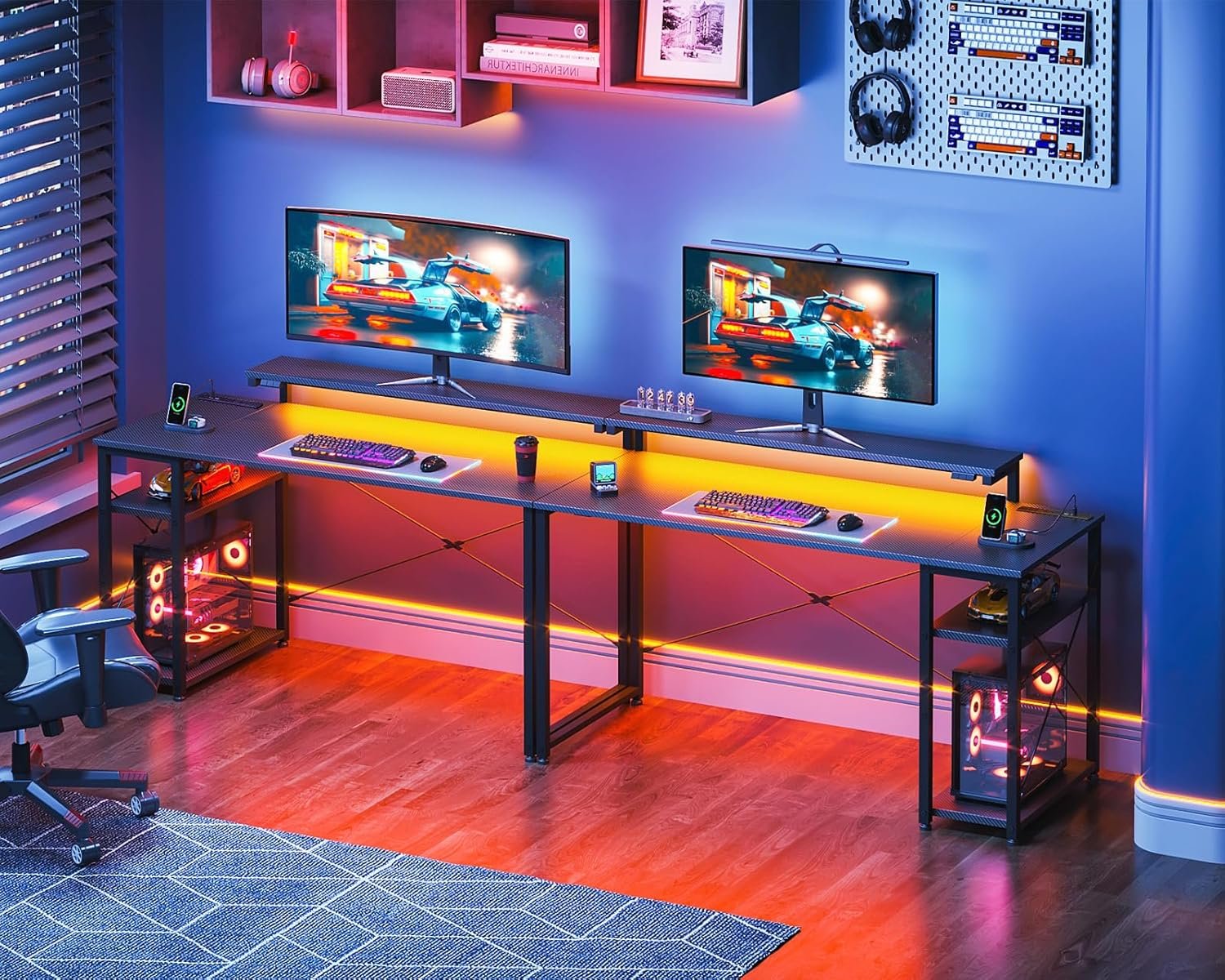 AODK Gaming Desk, Computer Desk, With Rack & Outlet, Width 47.2 inches (120 cm), Desktop PC Desk, Gaming Desk, With Monitor Stand & LED Light, Left & Right Interchangeable Compatible, Carbon Style - 이미지 4